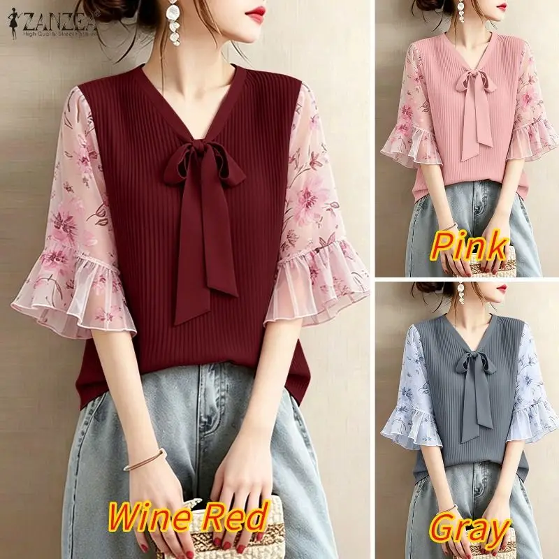 ZANZEA Women Elegant Plisse Blouses Floral Printed 3/4 Flared Sleeve Tops Summer Casual Loose Bow Detail V-Neck Blusas de Mujer
