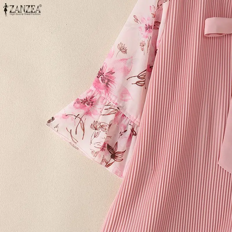 ZANZEA Women Elegant Plisse Blouses Floral Printed 3/4 Flared Sleeve Tops Summer Casual Loose Bow Detail V-Neck Blusas de Mujer