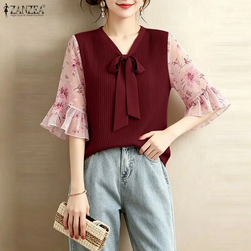 ZANZEA Women Elegant Plisse Blouses Floral Printed 3/4 Flared Sleeve Tops Summer Casual Loose Bow Detail V-Neck Blusas de Mujer