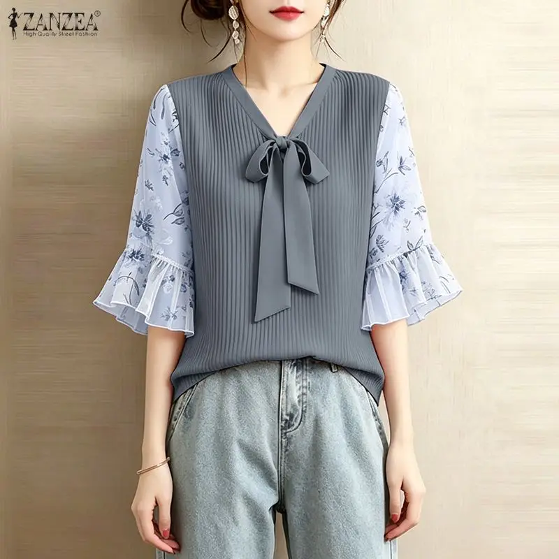 ZANZEA Women Elegant Plisse Blouses Floral Printed 3/4 Flared Sleeve Tops Summer Casual Loose Bow Detail V-Neck Blusas de Mujer