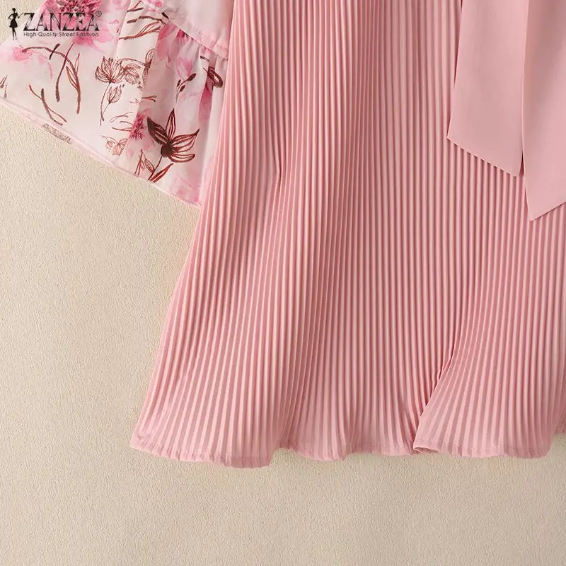 ZANZEA Women Elegant Plisse Blouses Floral Printed 3/4 Flared Sleeve Tops Summer Casual Loose Bow Detail V-Neck Blusas de Mujer