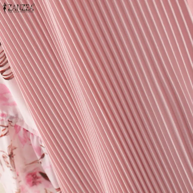 ZANZEA Women Elegant Plisse Blouses Floral Printed 3/4 Flared Sleeve Tops Summer Casual Loose Bow Detail V-Neck Blusas de Mujer