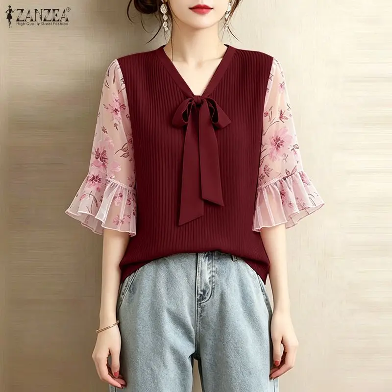 ZANZEA Women Elegant Plisse Blouses Floral Printed 3/4 Flared Sleeve Tops Summer Casual Loose Bow Detail V-Neck Blusas de Mujer