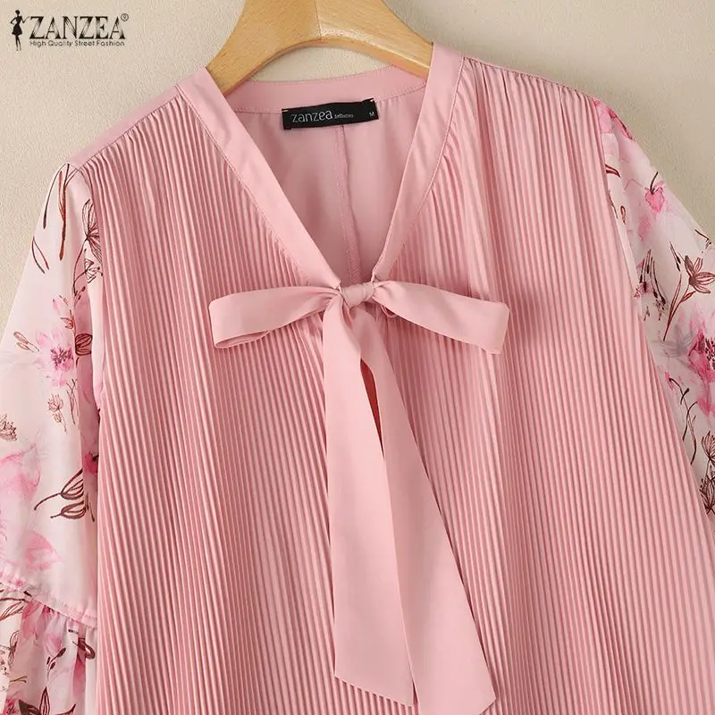 ZANZEA Women Elegant Plisse Blouses Floral Printed 3/4 Flared Sleeve Tops Summer Casual Loose Bow Detail V-Neck Blusas de Mujer