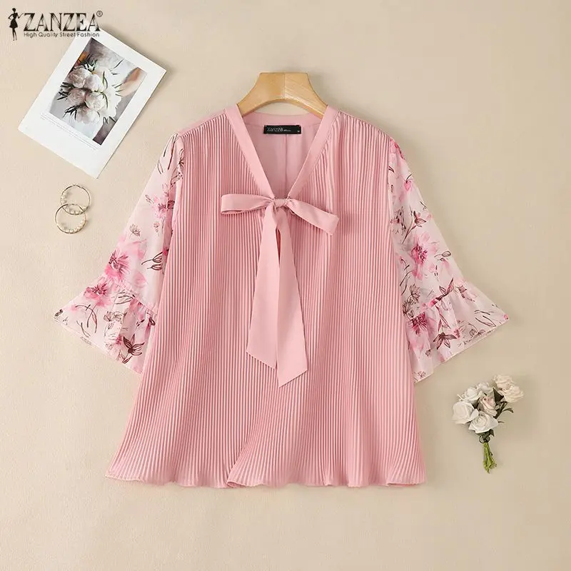 ZANZEA Women Elegant Plisse Blouses Floral Printed 3/4 Flared Sleeve Tops Summer Casual Loose Bow Detail V-Neck Blusas de Mujer