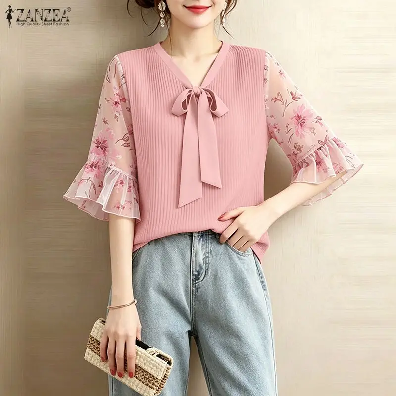 ZANZEA Women Elegant Plisse Blouses Floral Printed 3/4 Flared Sleeve Tops Summer Casual Loose Bow Detail V-Neck Blusas de Mujer