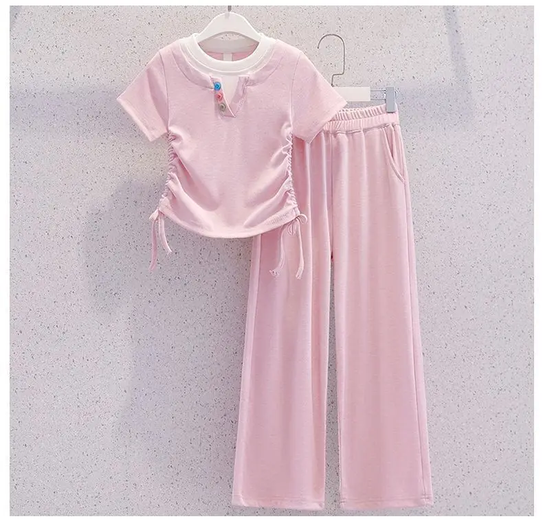 Summer Teenage Girls Clothes Set Children O-Neck Tshirt and Casual Pants Suit Student School Short Sleeve Top Bottom Outfits