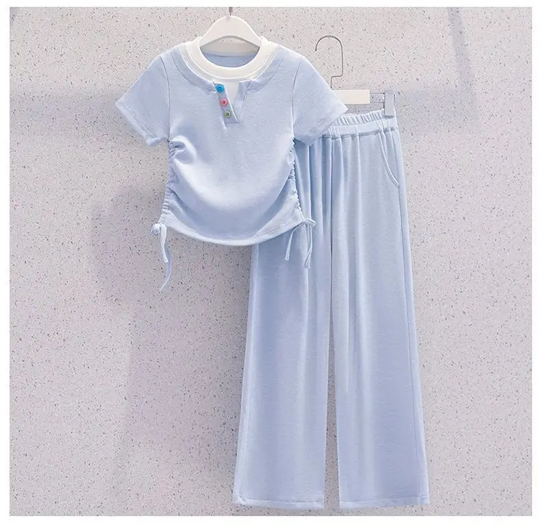 Summer Teenage Girls Clothes Set Children O-Neck Tshirt and Casual Pants Suit Student School Short Sleeve Top Bottom Outfits