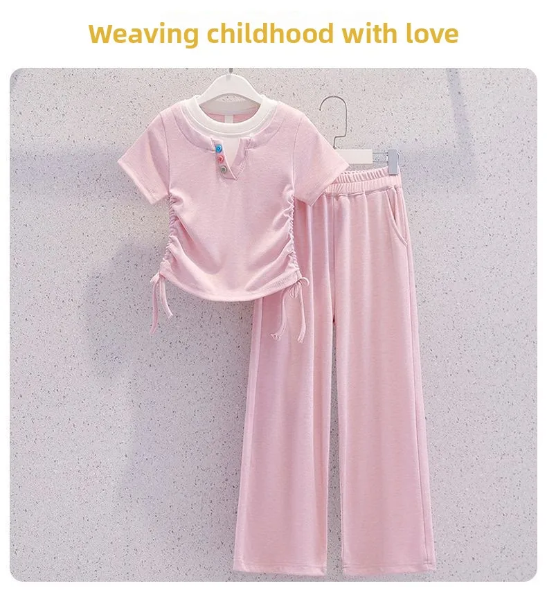 Summer Teenage Girls Clothes Set Children O-Neck Tshirt and Casual Pants Suit Student School Short Sleeve Top Bottom Outfits