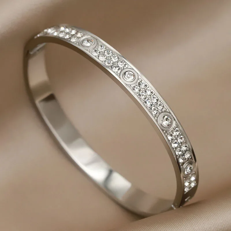 Stainless Steel 18K PVD Plated Classic Crystal Bracelets for Women Fashion Brand Jewelry Elegant Golden Bangles Accessories