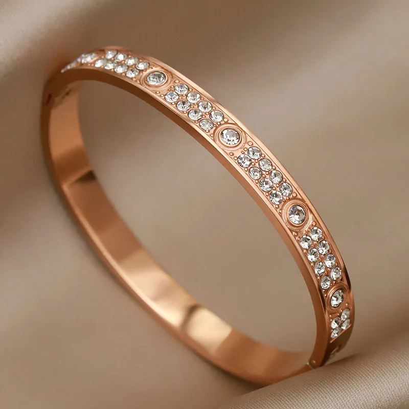 Stainless Steel 18K PVD Plated Classic Crystal Bracelets for Women Fashion Brand Jewelry Elegant Golden Bangles Accessories