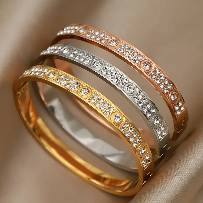 Stainless Steel 18K PVD Plated Classic Crystal Bracelets for Women Fashion Brand Jewelry Elegant Golden Bangles Accessories