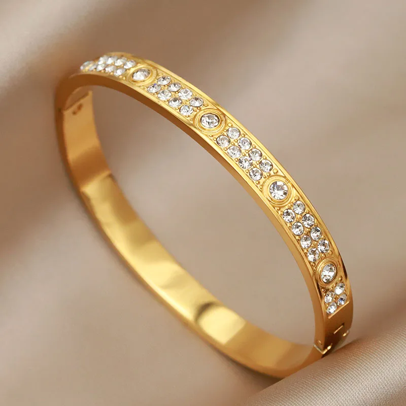 Stainless Steel 18K PVD Plated Classic Crystal Bracelets for Women Fashion Brand Jewelry Elegant Golden Bangles Accessories