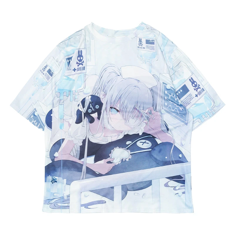 2026 Japanese Trend New Arrival Harajuku Style Sickly Girl Printed T-shirt Kids/Plus Size Loose Y2K Style Crew Neck Short Sleeve