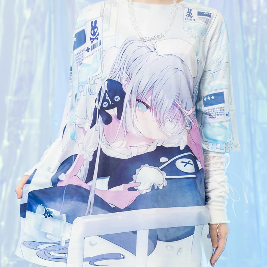 2026 Japanese Trend New Arrival Harajuku Style Sickly Girl Printed T-shirt Kids/Plus Size Loose Y2K Style Crew Neck Short Sleeve