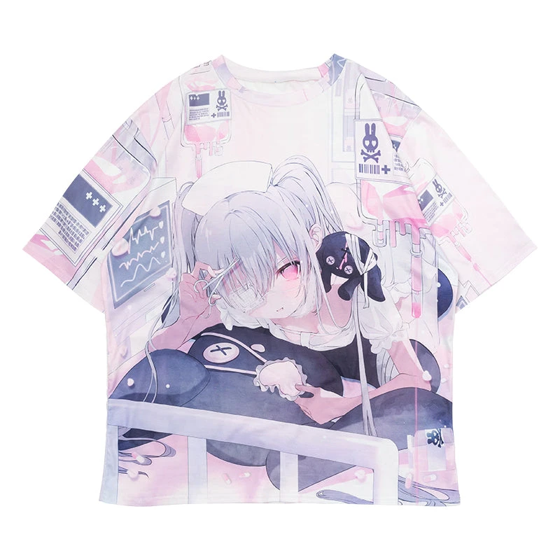 2026 Japanese Trend New Arrival Harajuku Style Sickly Girl Printed T-shirt Kids/Plus Size Loose Y2K Style Crew Neck Short Sleeve