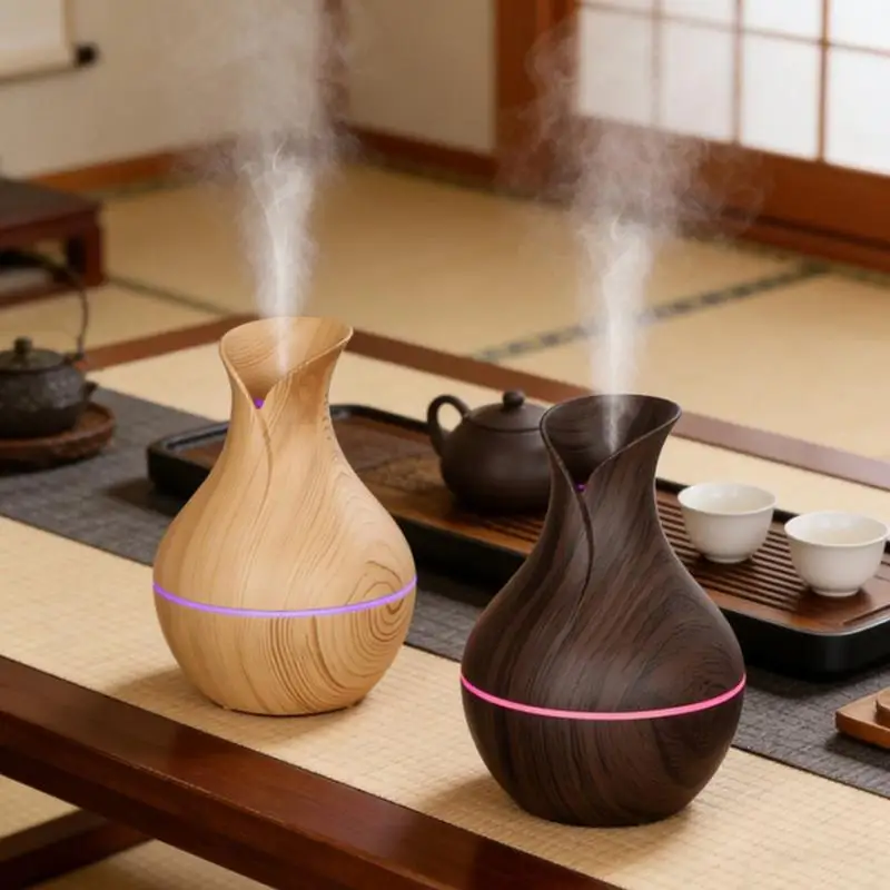 1Pcs Mushroom/Vase Style 200ML Wood Grain LED Light Air Humidifier Aromatherapy Essential Oil Diffuser Colorful Atmosphere Lamp