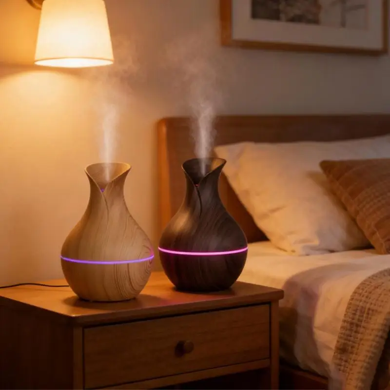 1Pcs Mushroom/Vase Style 200ML Wood Grain LED Light Air Humidifier Aromatherapy Essential Oil Diffuser Colorful Atmosphere Lamp