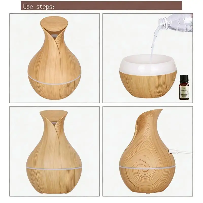 1Pcs Mushroom/Vase Style 200ML Wood Grain LED Light Air Humidifier Aromatherapy Essential Oil Diffuser Colorful Atmosphere Lamp