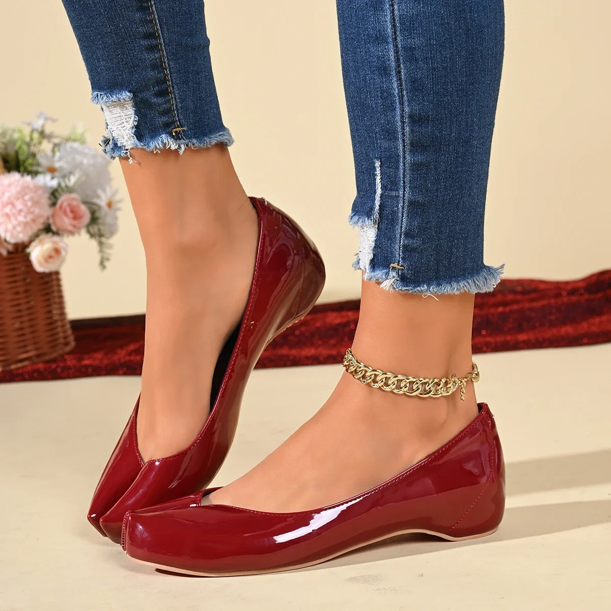 Wine Red Patent Women Loafers Designer Tabi Ninja Ballet Flats Split Toe Mary Jean Shoes 2026 Simmer Ins Street Woman Pumps