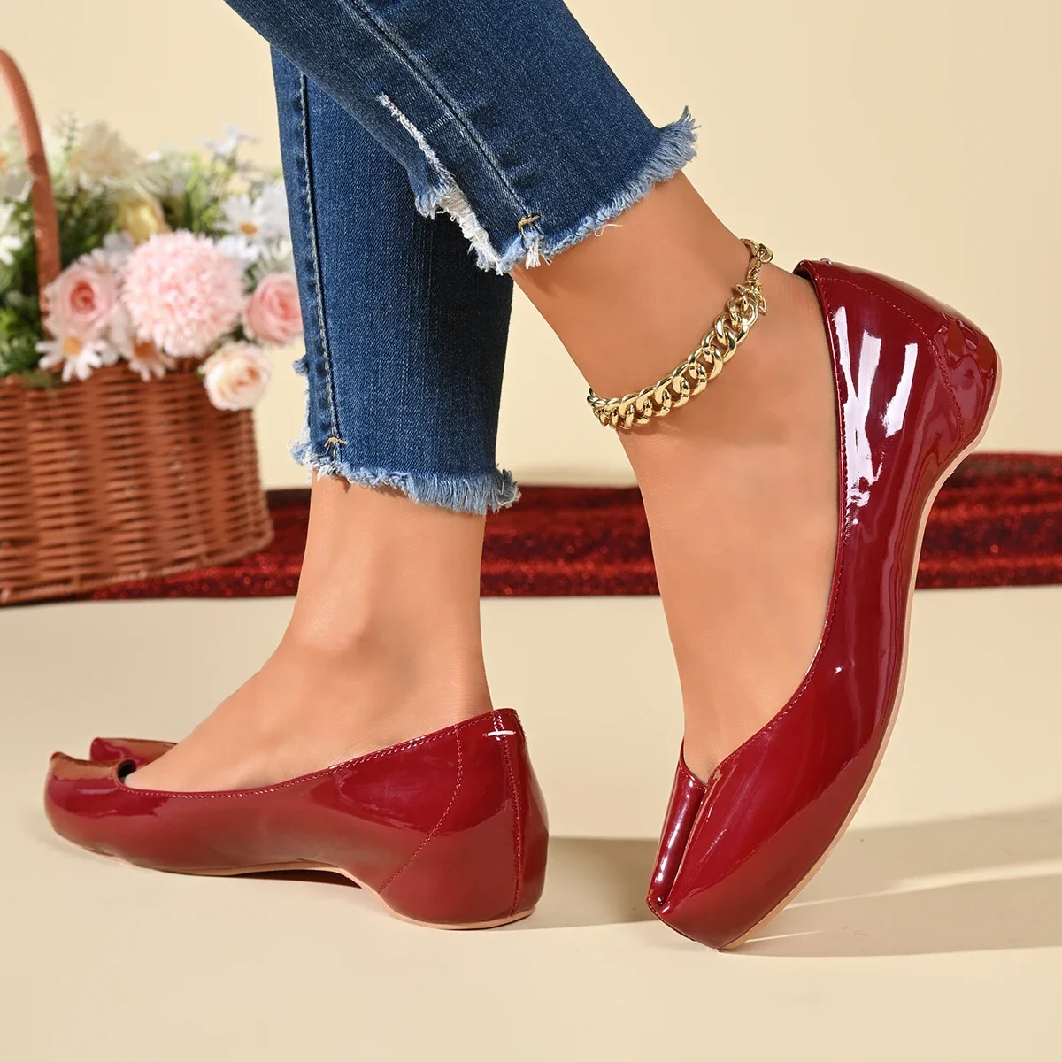 Wine Red Patent Women Loafers Designer Tabi Ninja Ballet Flats Split Toe Mary Jean Shoes 2026 Simmer Ins Street Woman Pumps