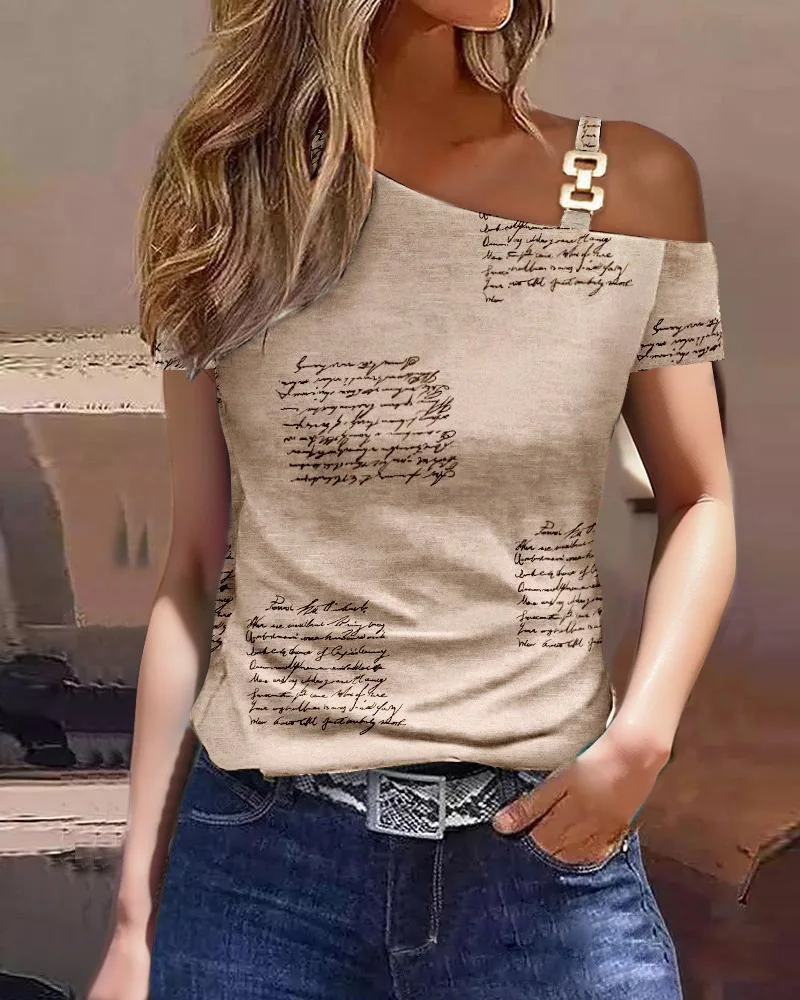 Women's Asymmetrical One Shoulder Top with Metallic Chain Detail and Abstract Print for Summer Evening Wear