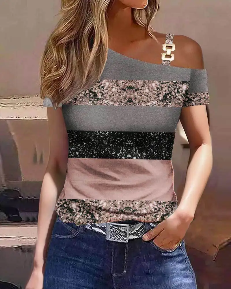 Women's Asymmetrical One Shoulder Top with Metallic Chain Detail and Abstract Print for Summer Evening Wear