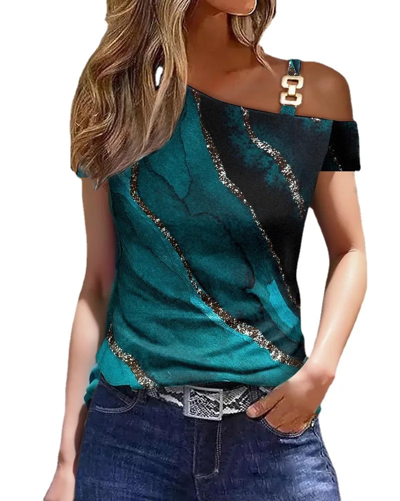 Women's Asymmetrical One Shoulder Top with Metallic Chain Detail and Abstract Print for Summer Evening Wear