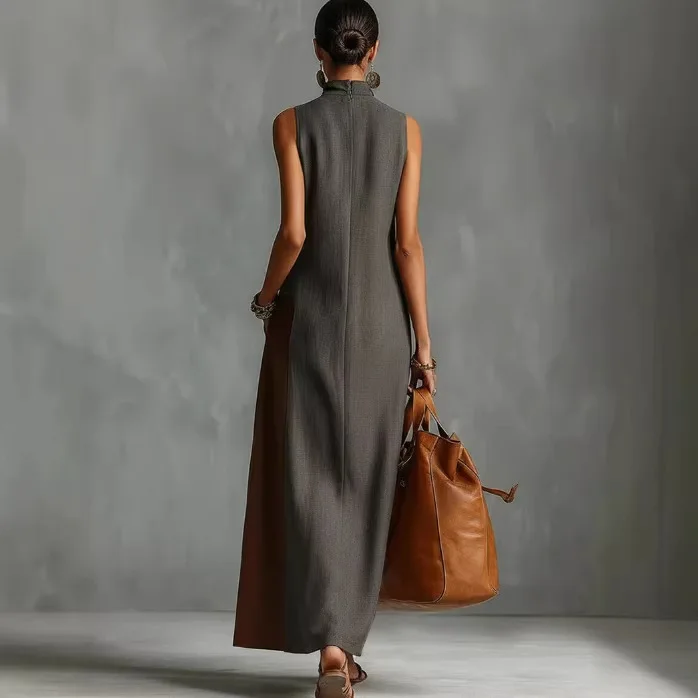 Bohemian Women's Long Dress Summer Color Block Beach Tank Dress Loose Casual High Neck Cutout Maxi Dresses Streetwear Colthing