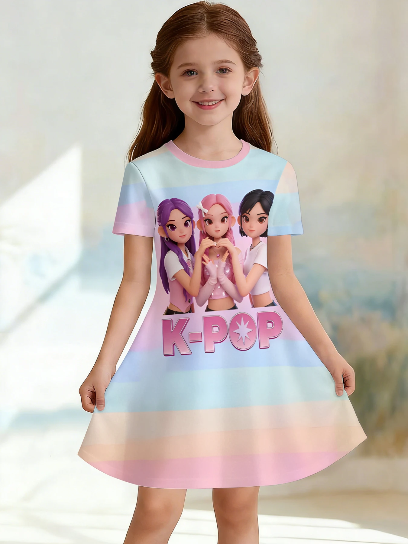 VGirls 3D Crew Neck A-line Dress, Girl Group Stage Colorful Trendy Color-block Print, Perfect for Parties and Birthday Gifts.