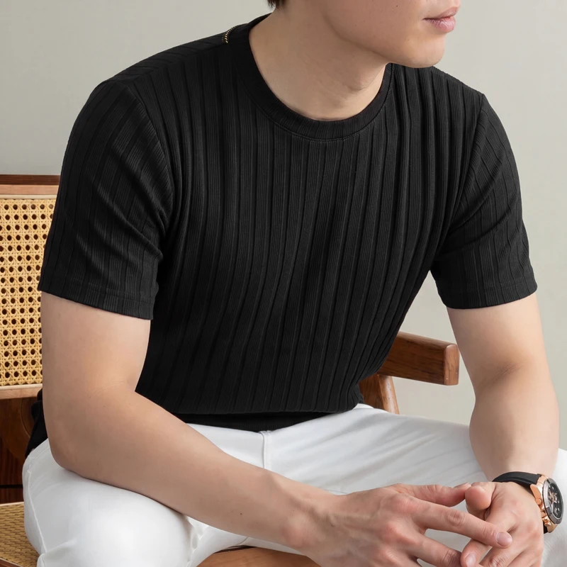 Men Ribbed Knit Short Sleeve T Shirt Crew Neck Casual Style Breathable Fabric Slim Fit For Daily Office And Weekend Activities