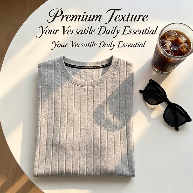 Men Ribbed Knit Short Sleeve T Shirt Crew Neck Casual Style Breathable Fabric Slim Fit For Daily Office And Weekend Activities