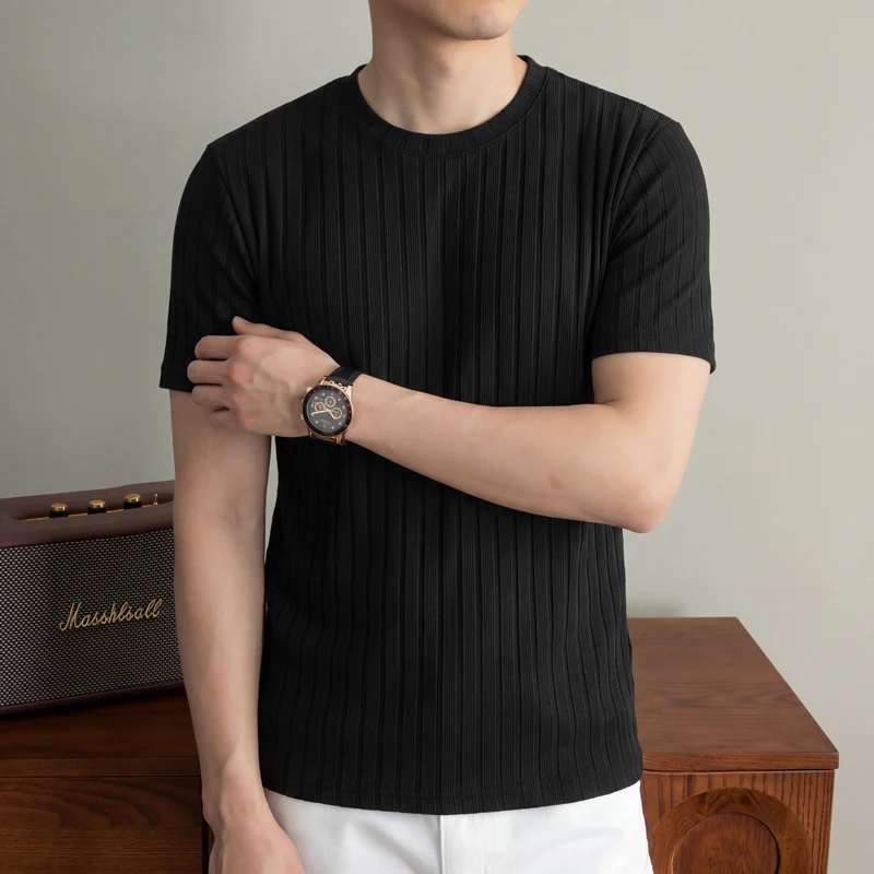 Men Ribbed Knit Short Sleeve T Shirt Crew Neck Casual Style Breathable Fabric Slim Fit For Daily Office And Weekend Activities