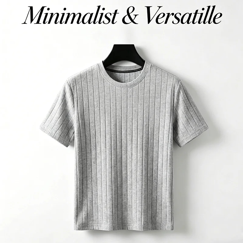 Men Ribbed Knit Short Sleeve T Shirt Crew Neck Casual Style Breathable Fabric Slim Fit For Daily Office And Weekend Activities