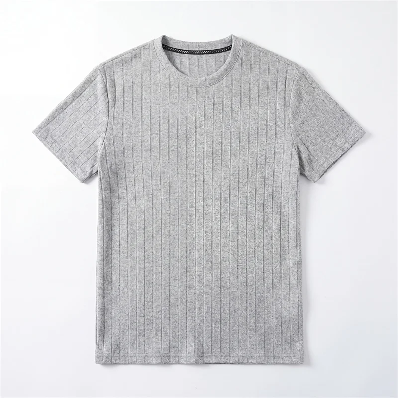 Men Ribbed Knit Short Sleeve T Shirt Crew Neck Casual Style Breathable Fabric Slim Fit For Daily Office And Weekend Activities