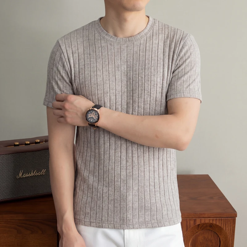Men Ribbed Knit Short Sleeve T Shirt Crew Neck Casual Style Breathable Fabric Slim Fit For Daily Office And Weekend Activities