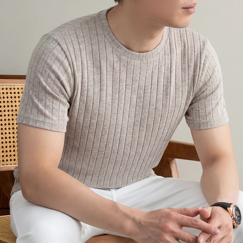Men Ribbed Knit Short Sleeve T Shirt Crew Neck Casual Style Breathable Fabric Slim Fit For Daily Office And Weekend Activities