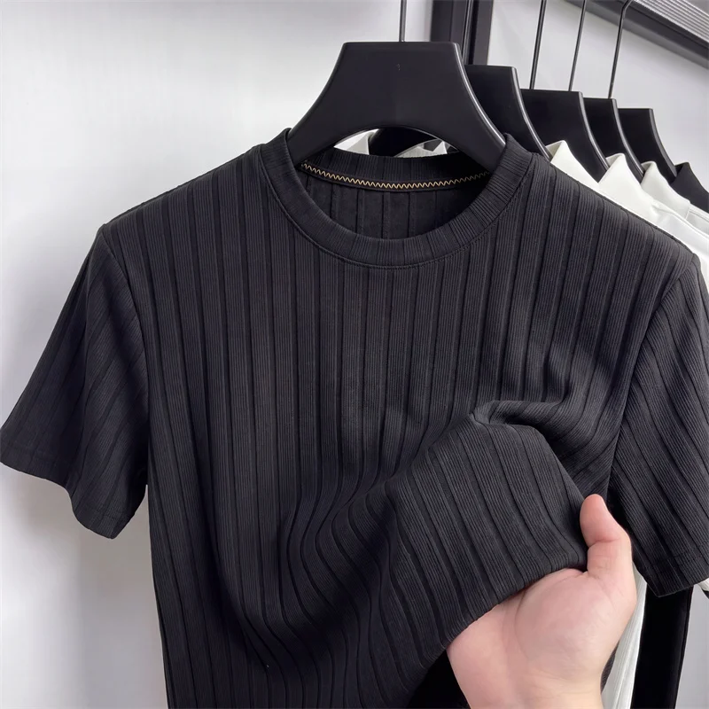 Men Ribbed Knit Short Sleeve T Shirt Crew Neck Casual Style Breathable Fabric Slim Fit For Daily Office And Weekend Activities