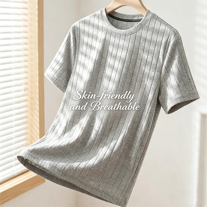 Men Ribbed Knit Short Sleeve T Shirt Crew Neck Casual Style Breathable Fabric Slim Fit For Daily Office And Weekend Activities