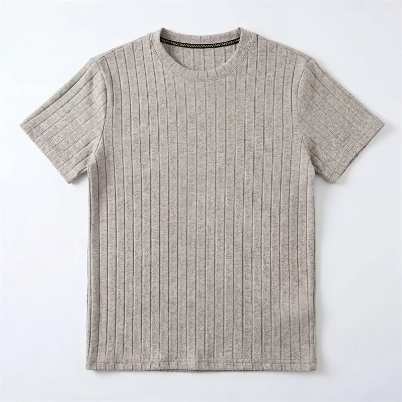 Men Ribbed Knit Short Sleeve T Shirt Crew Neck Casual Style Breathable Fabric Slim Fit For Daily Office And Weekend Activities