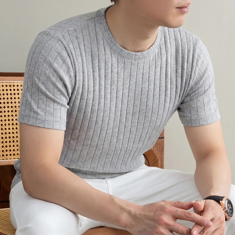 Men Ribbed Knit Short Sleeve T Shirt Crew Neck Casual Style Breathable Fabric Slim Fit For Daily Office And Weekend Activities