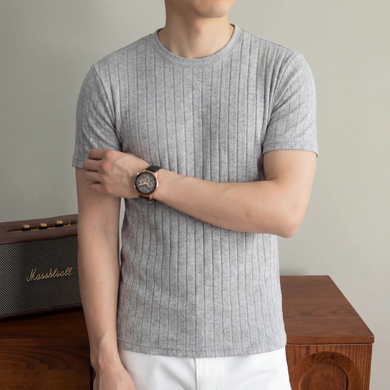 Men Ribbed Knit Short Sleeve T Shirt Crew Neck Casual Style Breathable Fabric Slim Fit For Daily Office And Weekend Activities