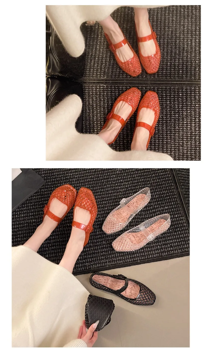 French hollow sandals for women's summer fashion with a single buckle and breathable flat bottom crystal sole