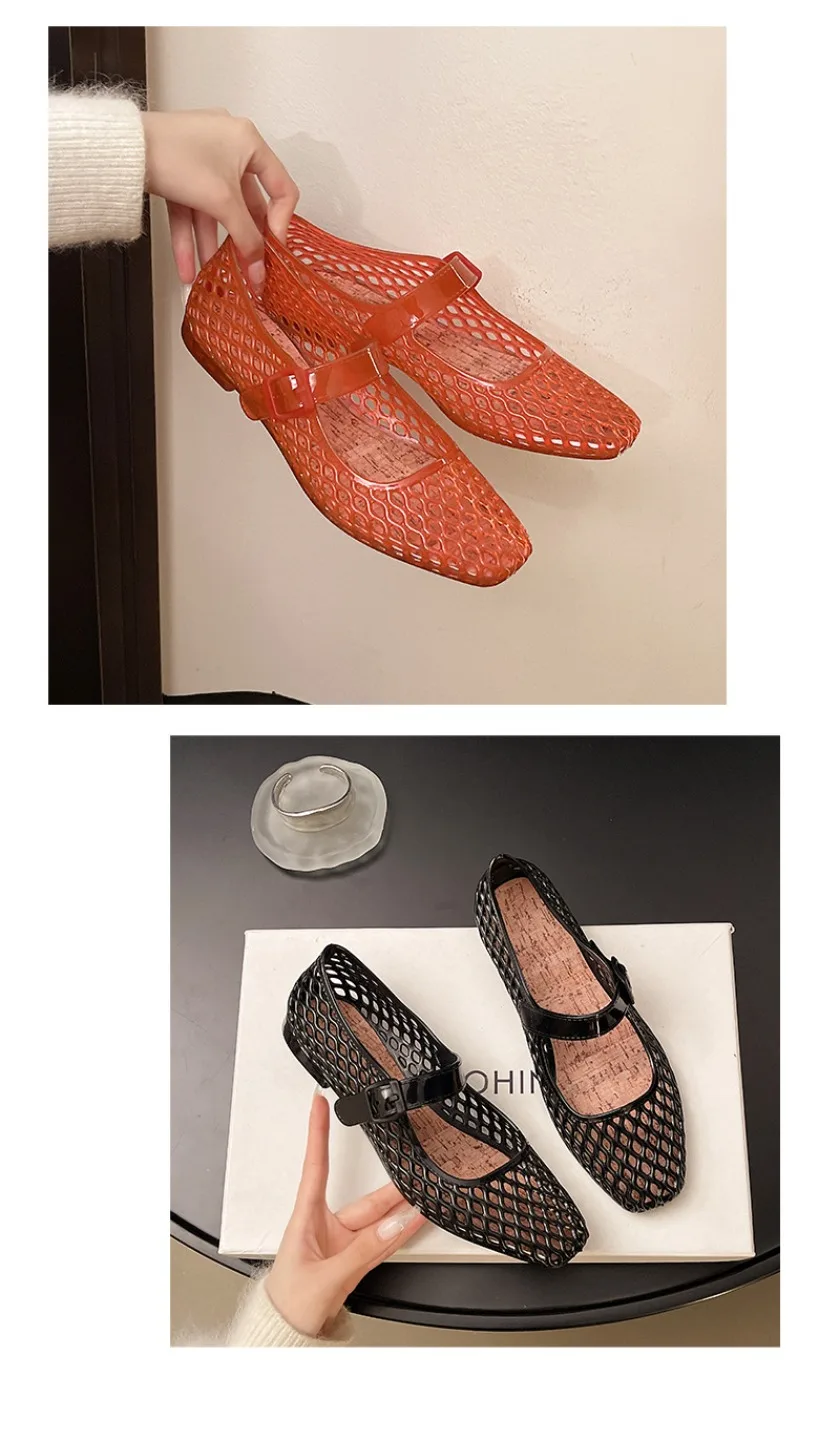 French hollow sandals for women's summer fashion with a single buckle and breathable flat bottom crystal sole