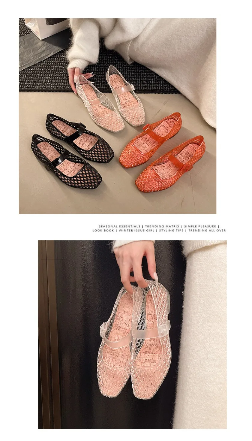 French hollow sandals for women's summer fashion with a single buckle and breathable flat bottom crystal sole
