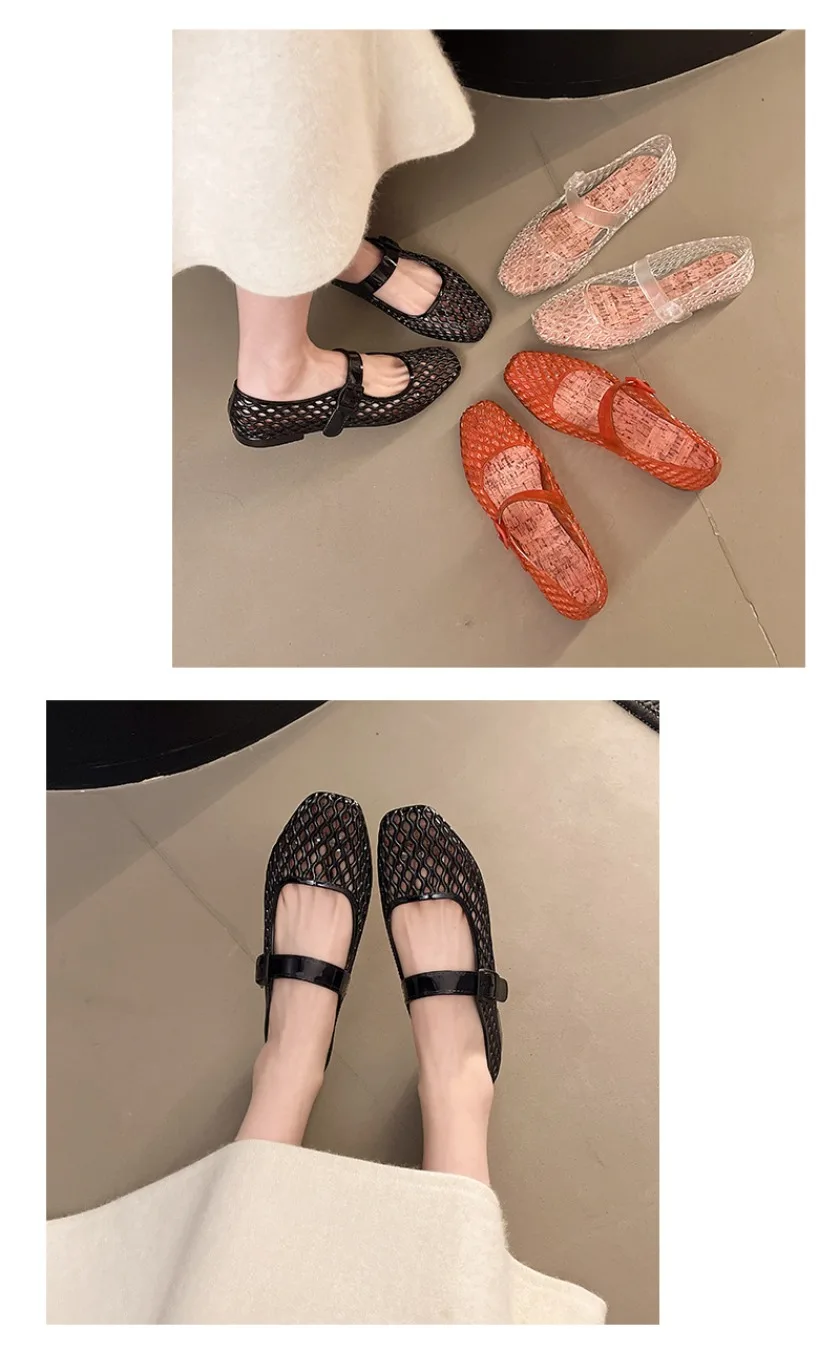 French hollow sandals for women's summer fashion with a single buckle and breathable flat bottom crystal sole