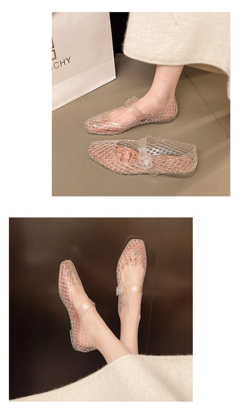 French hollow sandals for women's summer fashion with a single buckle and breathable flat bottom crystal sole