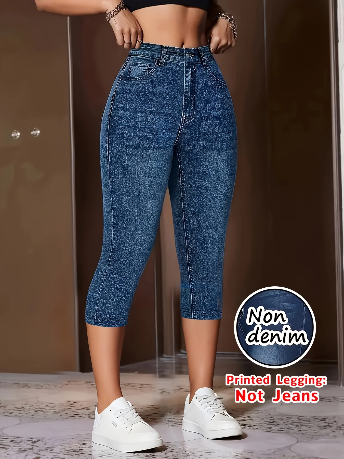 7149Women's Soft Faux Denim Print Shorts Non Hard Denim High Elastic Slim Fit Vacation Capri Pants