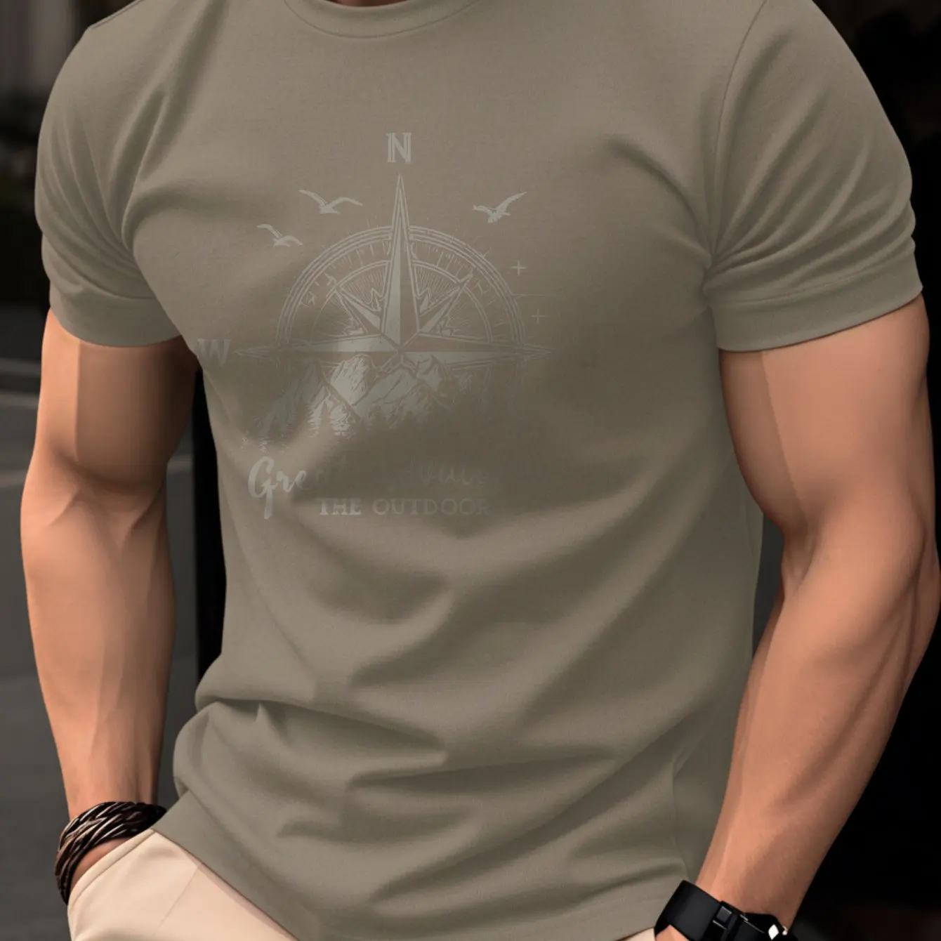 Summer men's 100% pure cotton casual fashionable loose retro compass mountain pattern printed round neck short sleeved T-shirt
