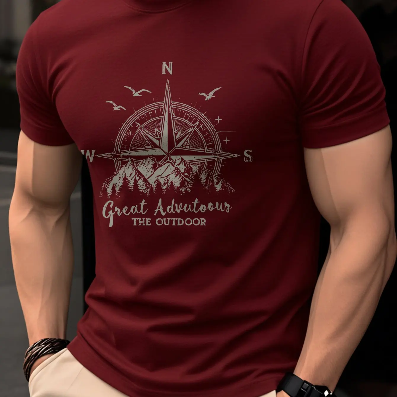 Summer men's 100% pure cotton casual fashionable loose retro compass mountain pattern printed round neck short sleeved T-shirt